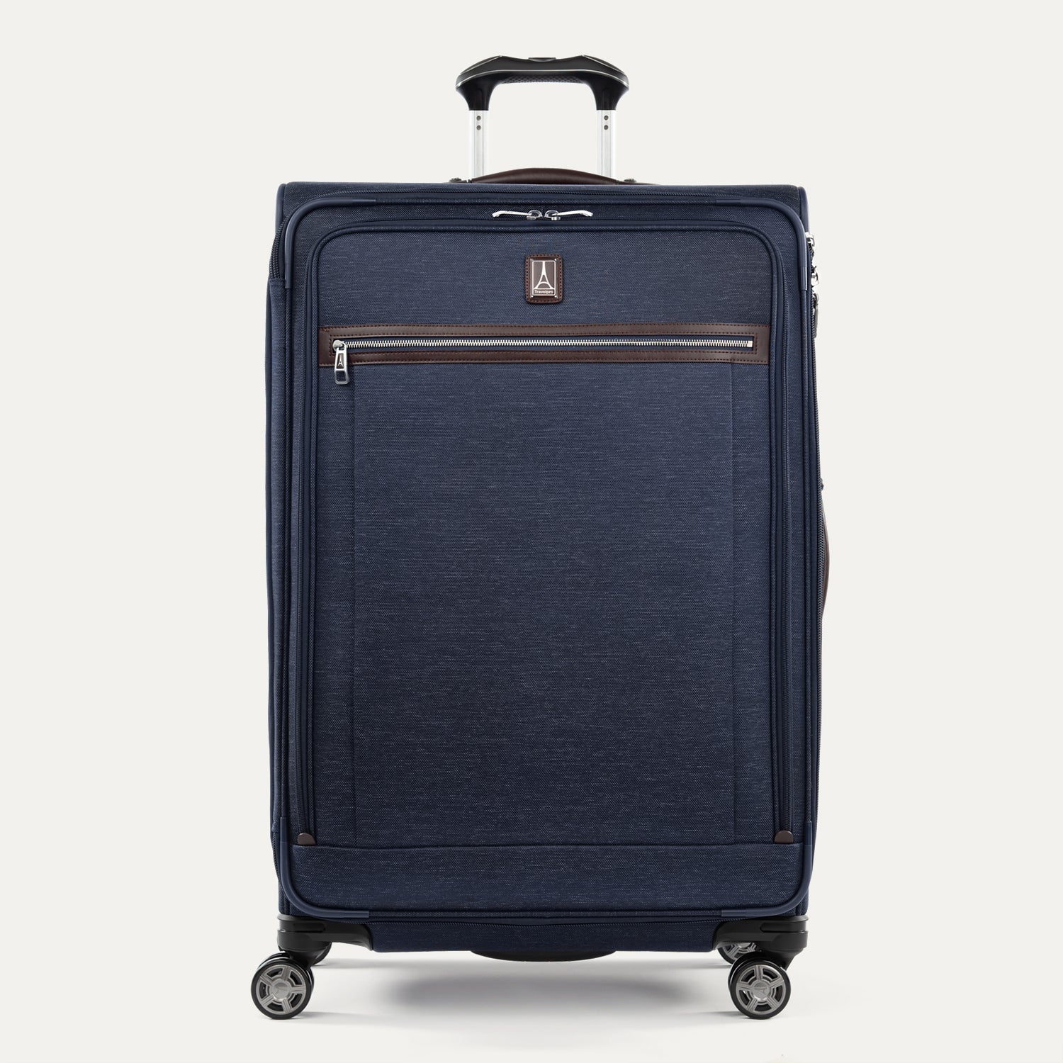 Front view of Travelpro® Platinum Elite Large Check-In Expandable Spinner in True Navy, with full-panel zip pocket and brown trim.
