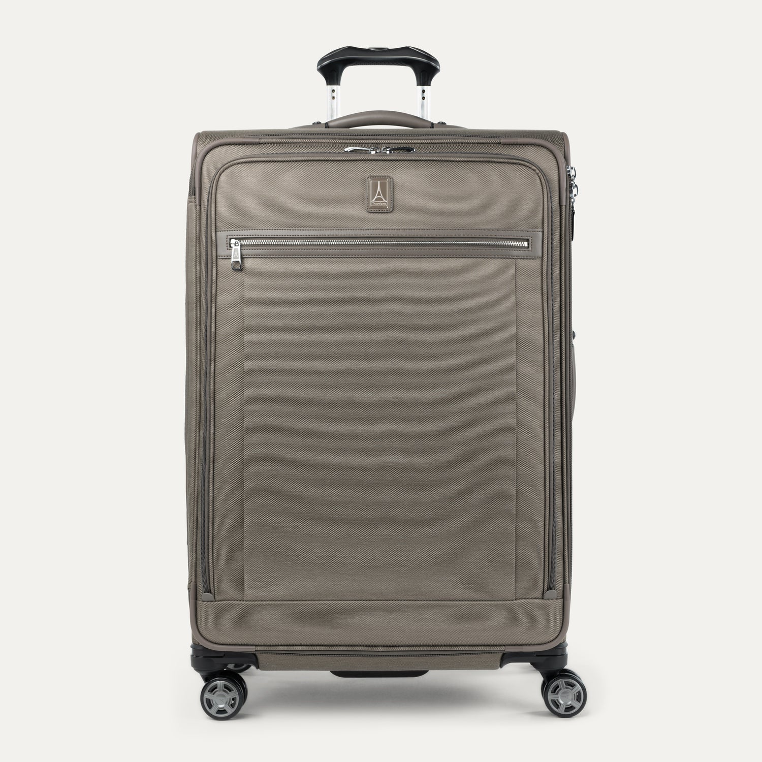 Front-facing Travelpro Platinum Elite Large Expandable Spinner in Metallic Sand, with silver zipper accents and 360° spinner wheels.
