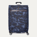 A large check-in spinner suitcase with a camouflaged pattern, featuring leather accents, chrome zippers, and a TSA-compliant lock.