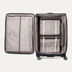  Open Platinum® Elite Large Check-In Spinner in Camouflage displaying organized interior with mesh pockets, packing cubes, and zippered compartments.