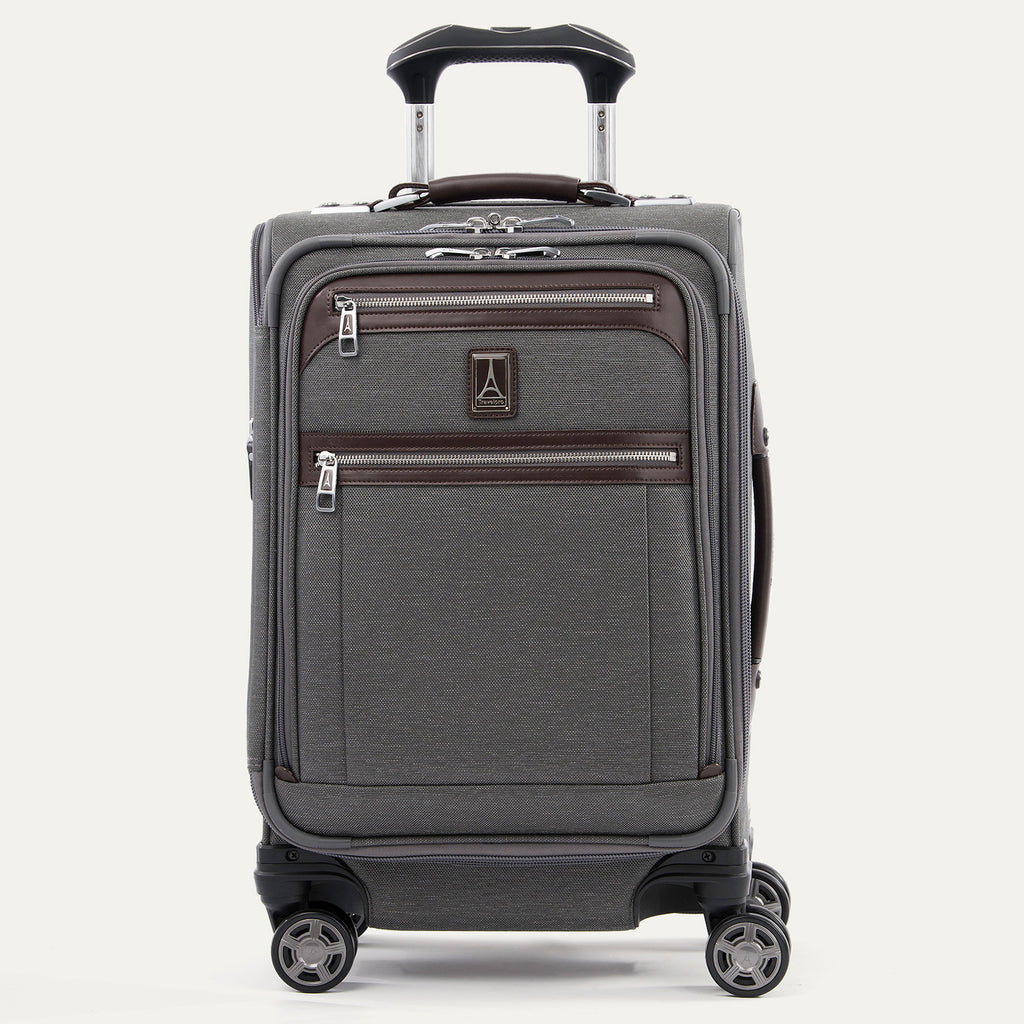 Front view of Travelpro Platinum Elite Carry-On Business Plus in Vintage Gray, featuring Exterior Quick-Access Pockets.
