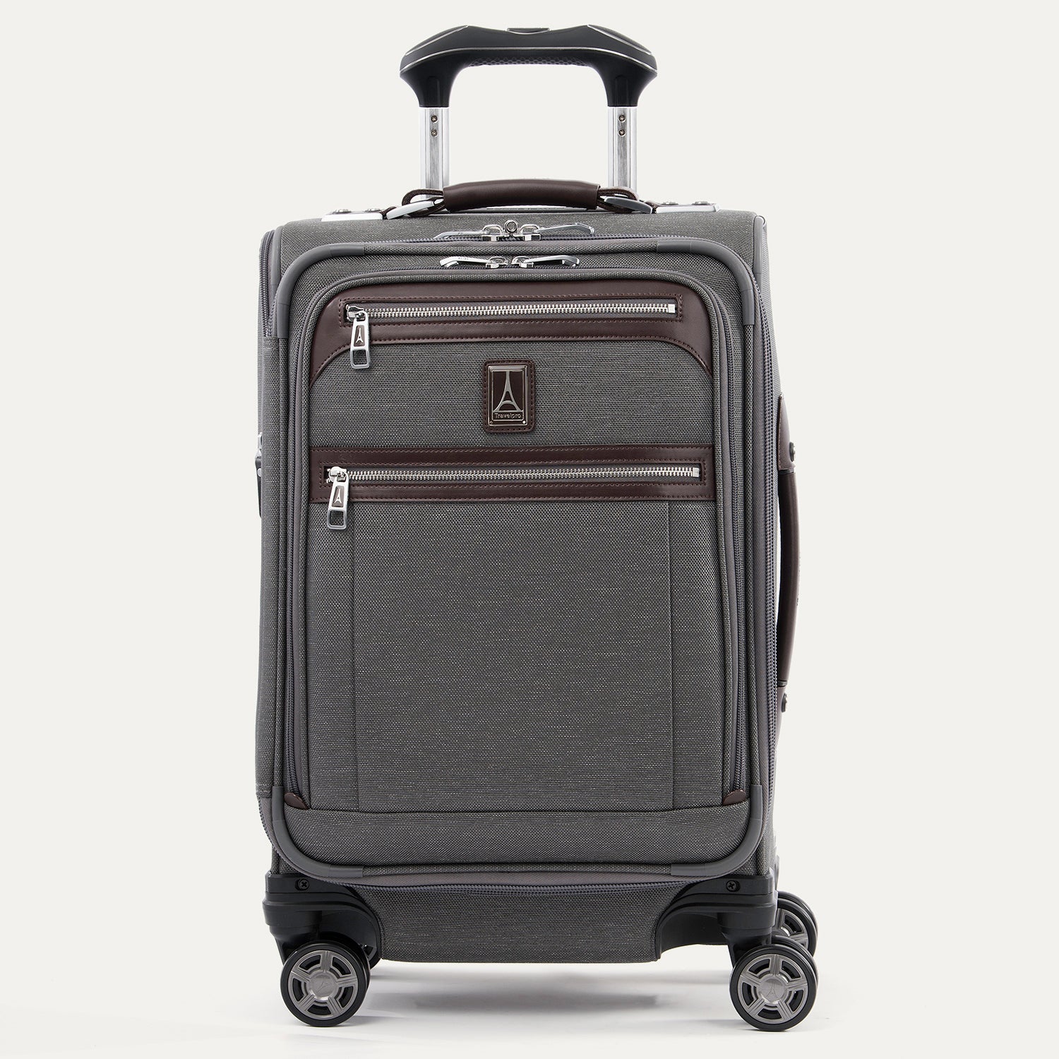 Front view of Travelpro Platinum Elite Carry-On Business Plus in Vintage Gray, featuring Exterior Quick-Access Pockets.
