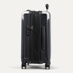 Side view of expanded black suitcase with combination lock on a white background