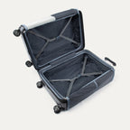 Open suitcase with straps on a white background