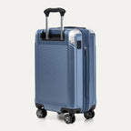Blue suitcase with wheels and handle on a white background