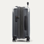 Side view of expanded gray suitcase with combination lock on a white background