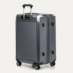 Gray suitcase with black wheels and handle on a white background