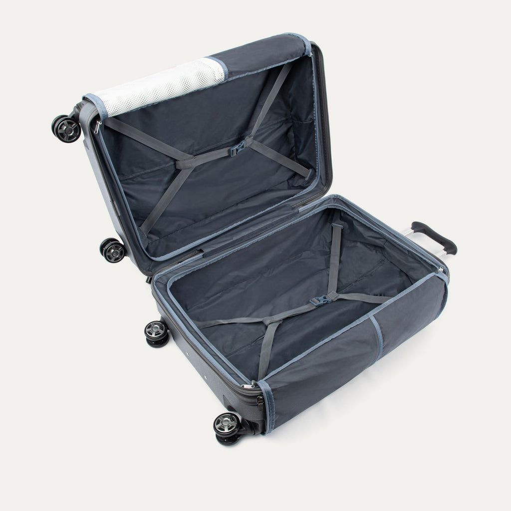 Open gray suitcase with black wheels on a white background
