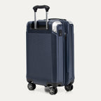 Navy blue suitcase with black wheels and handle on a white background