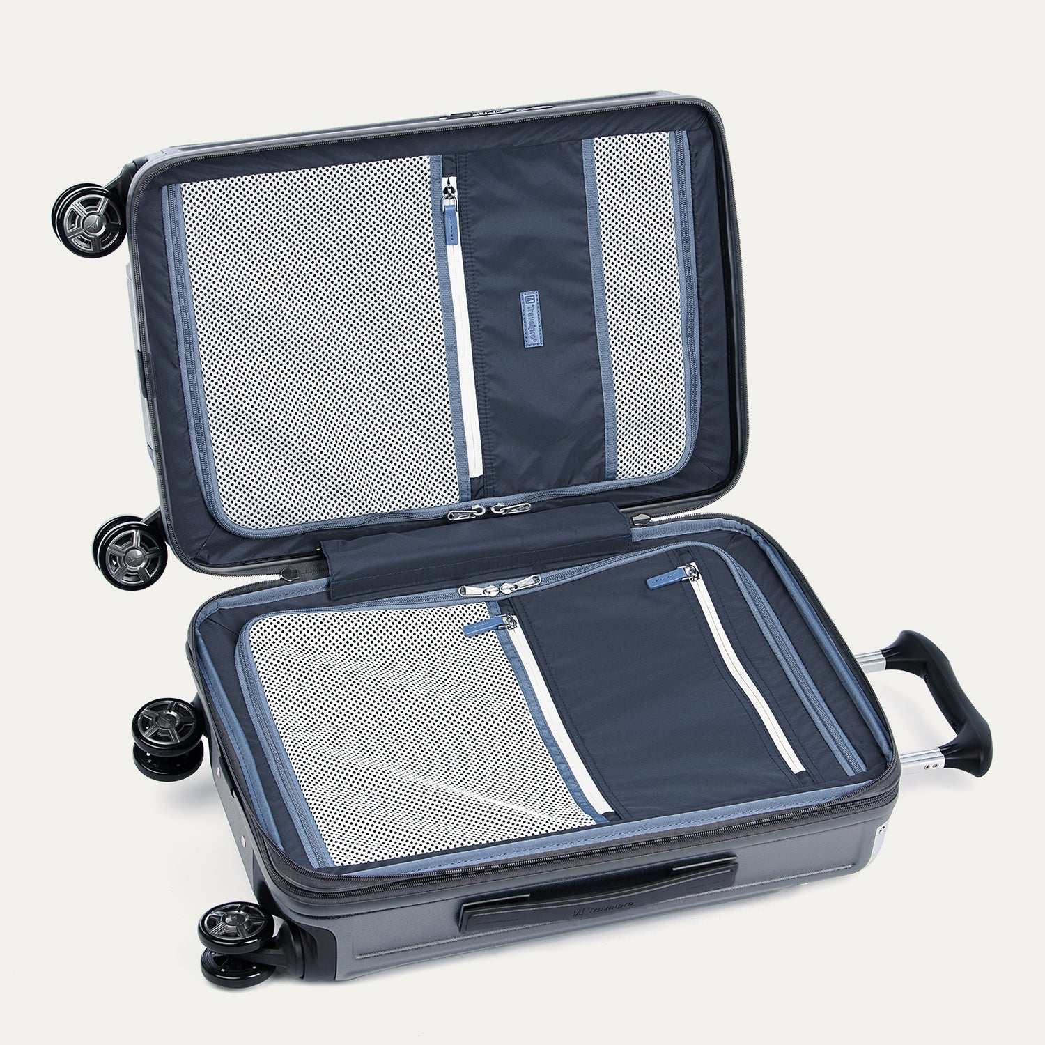 Open gray suitcase with black wheels on a white background