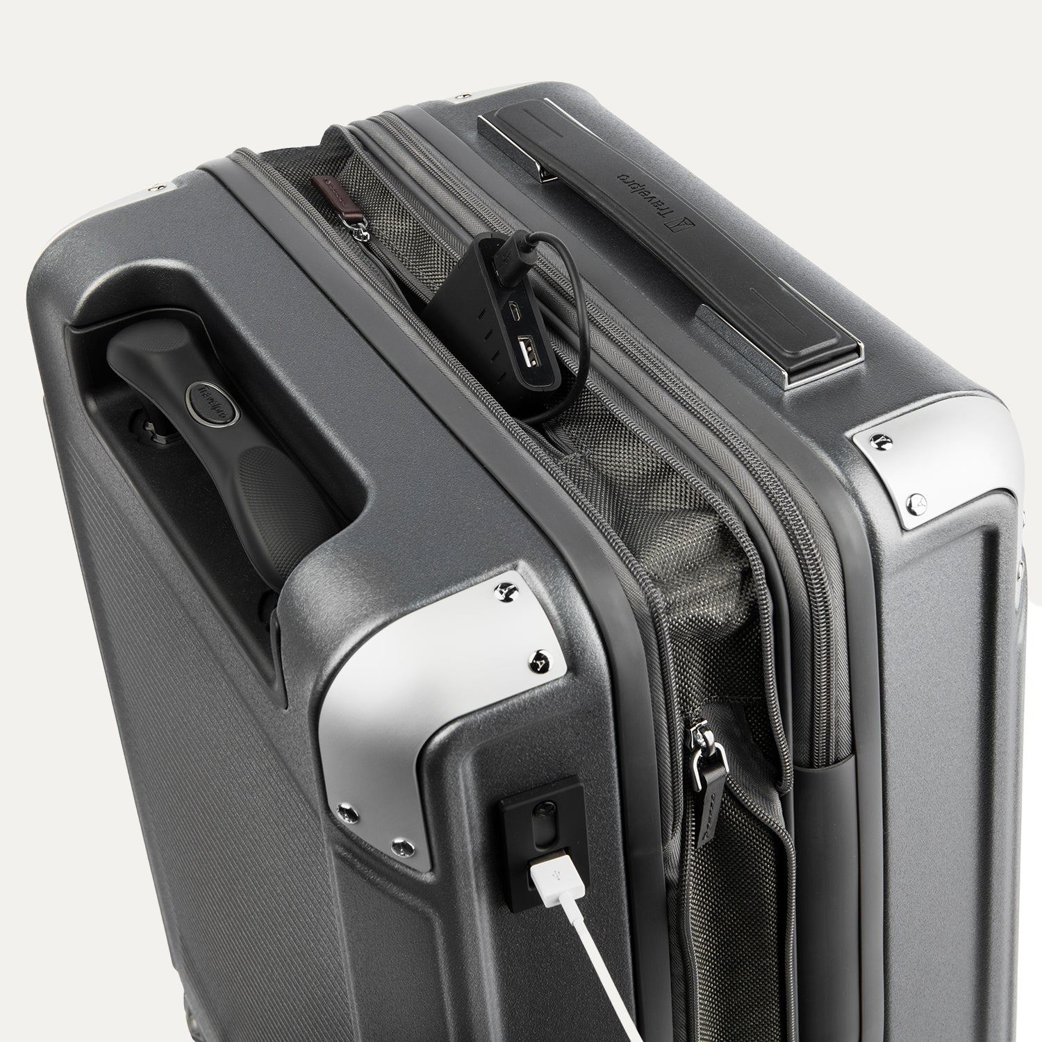 Gray suitcase with USB port and charging cable on a white background