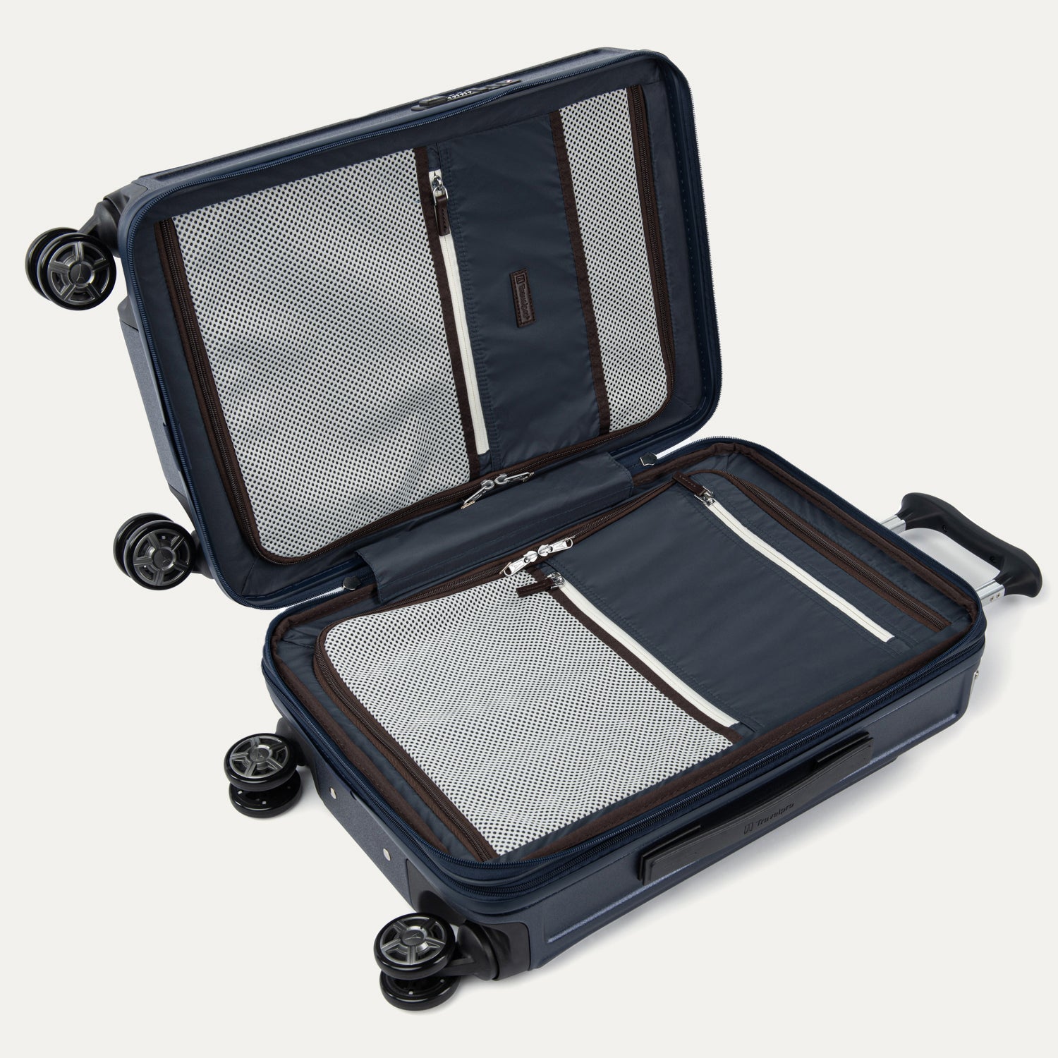 Open navy blue suitcase with black wheels on a white background