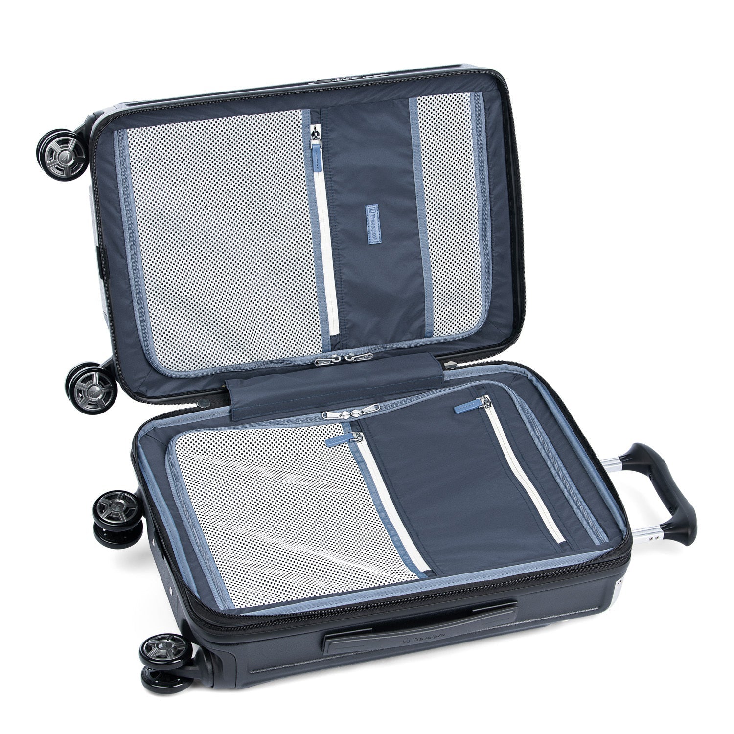 Open navy suitcase with black wheels on a white background