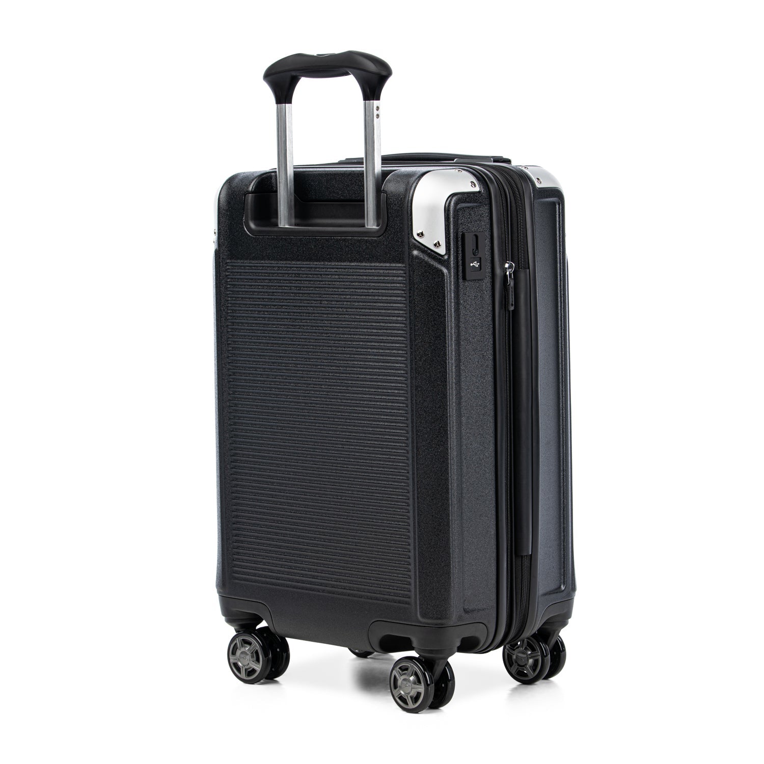 Black suitcase with wheels and a handle on a white background