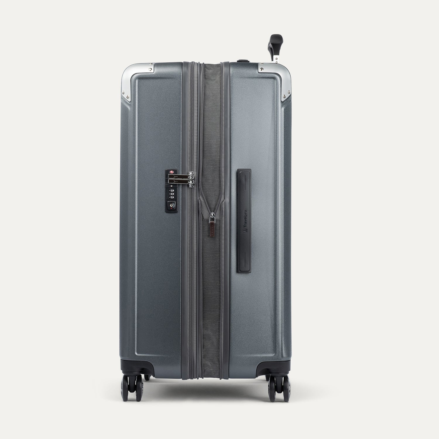 Gray suitcase with open door on a white background