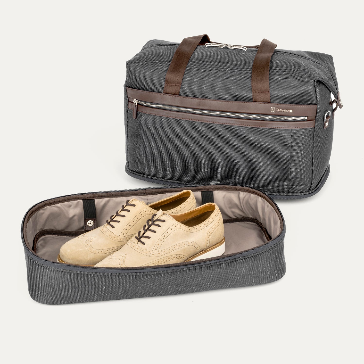 Grey weekender with detached shoe compartment on white background 