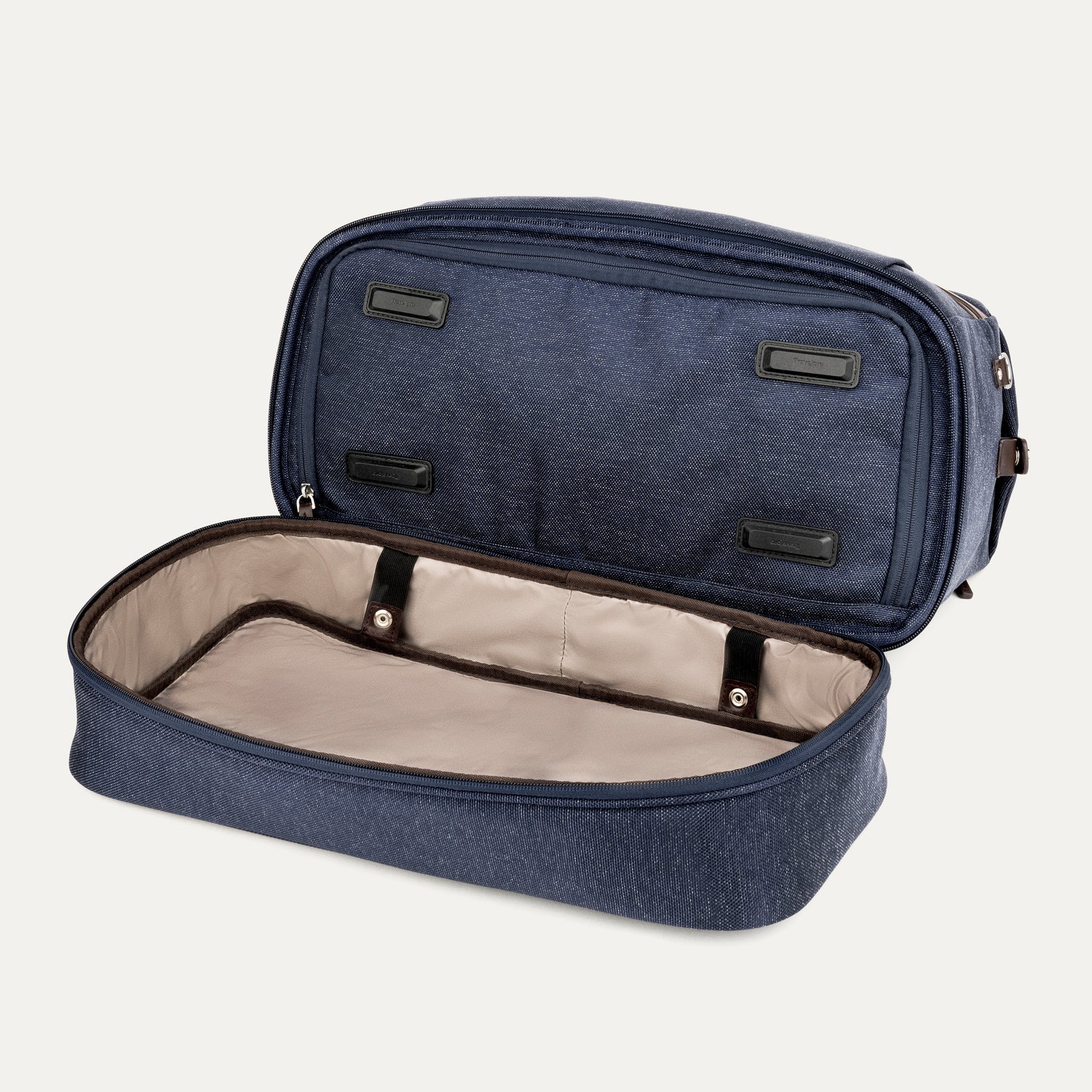 True navy weekender shoe compartment open on a white background