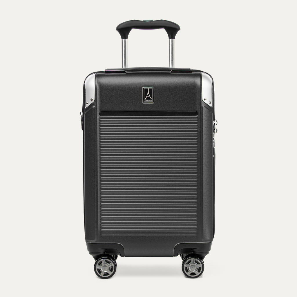 Front view of Travelpro Platinum Elite Compact Carry-On Hardside Spinner in Shadow Black, featuring an ultra-strong aluminum shell and extension handle.
