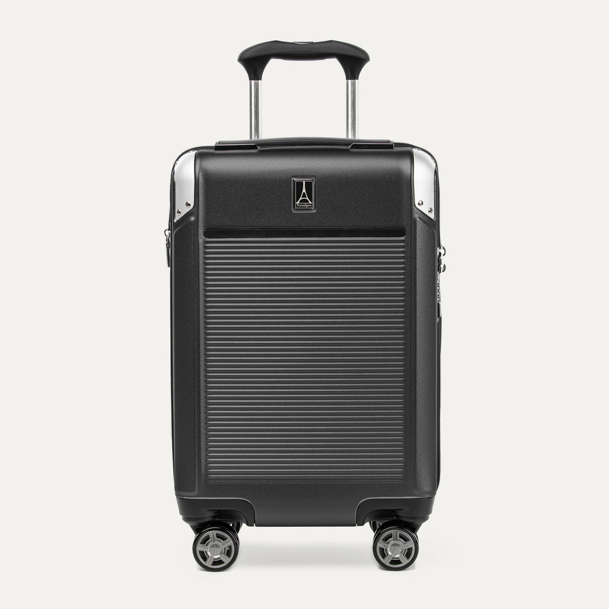 Front view of Travelpro Platinum Elite Compact Carry-On Hardside Spinner in Shadow Black, featuring an ultra-strong aluminum shell and extension handle.
