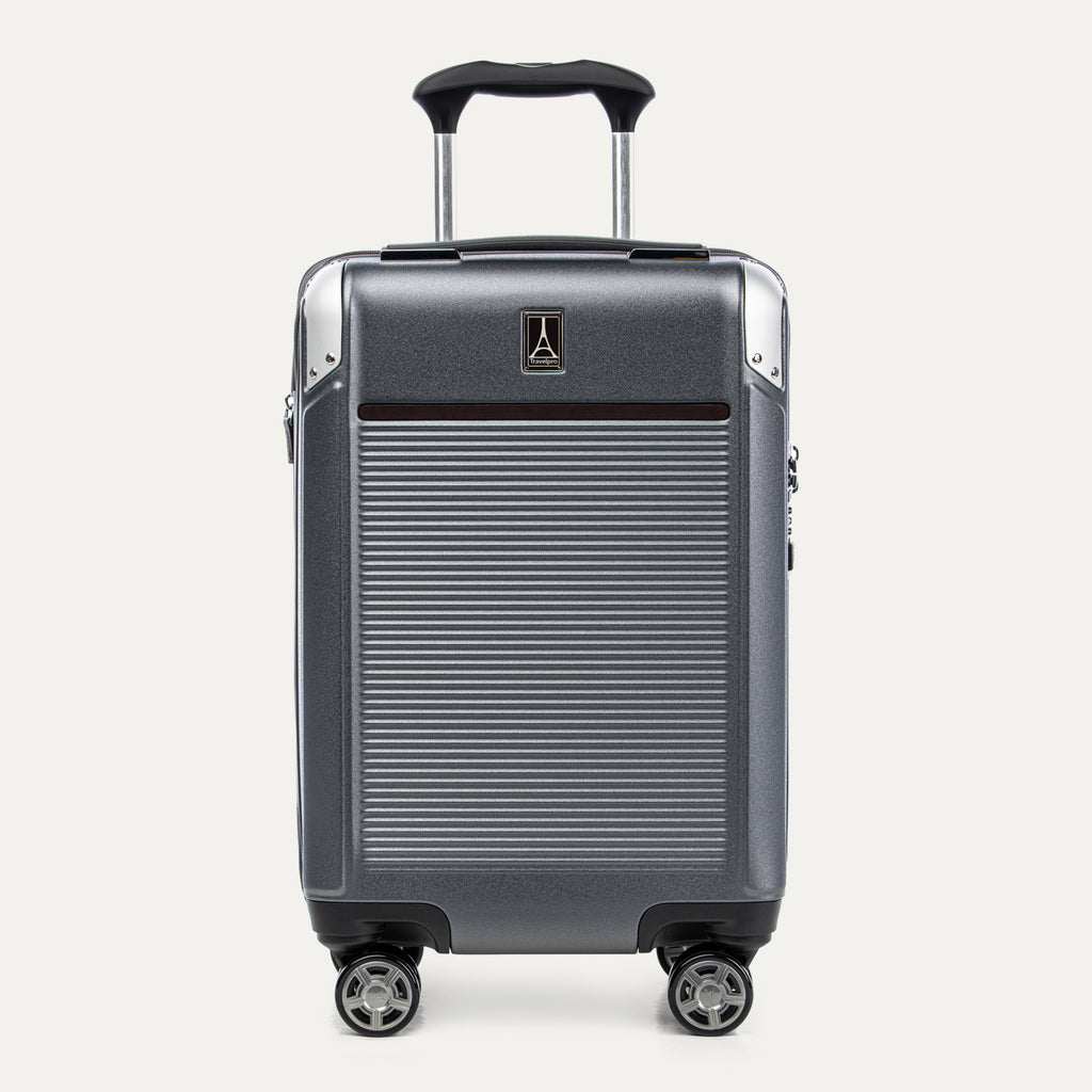 Front view of Travelpro Platinum Elite Carry-On Hardside Spinner in Vintage Grey, featuring an ultra-strong aluminum shell and extension handle.
