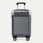 Front view of Travelpro Platinum Elite Carry-On Hardside Spinner in Vintage Grey, featuring an ultra-strong aluminum shell and extension handle.
