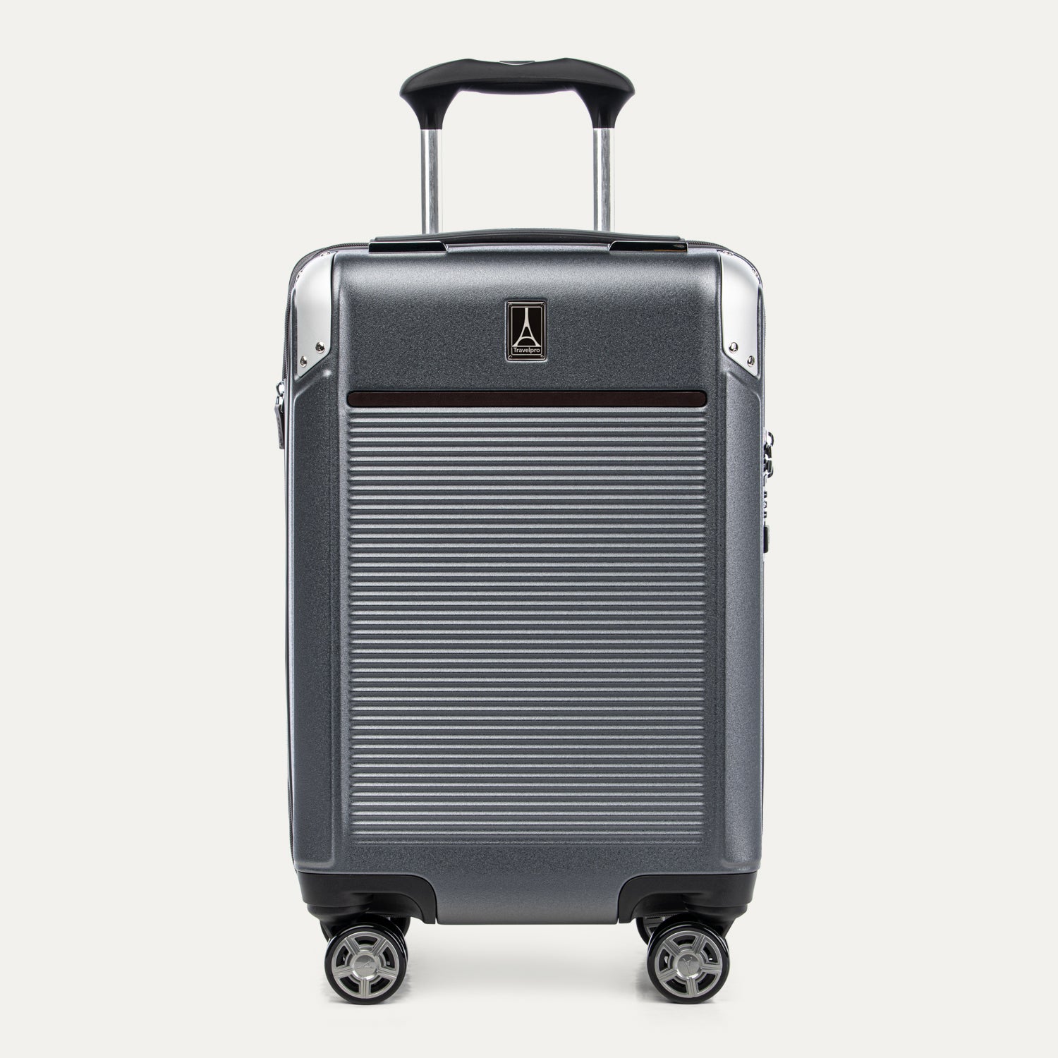 Front view of Travelpro Platinum Elite Carry-On Hardside Spinner in Vintage Grey, featuring an ultra-strong aluminum shell and extension handle.
