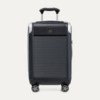 Front view of Travelpro Platinum Elite Carry-On Hardside Spinner in Shadow Black, featuring an ultra-strong aluminum shell and extension handle.
