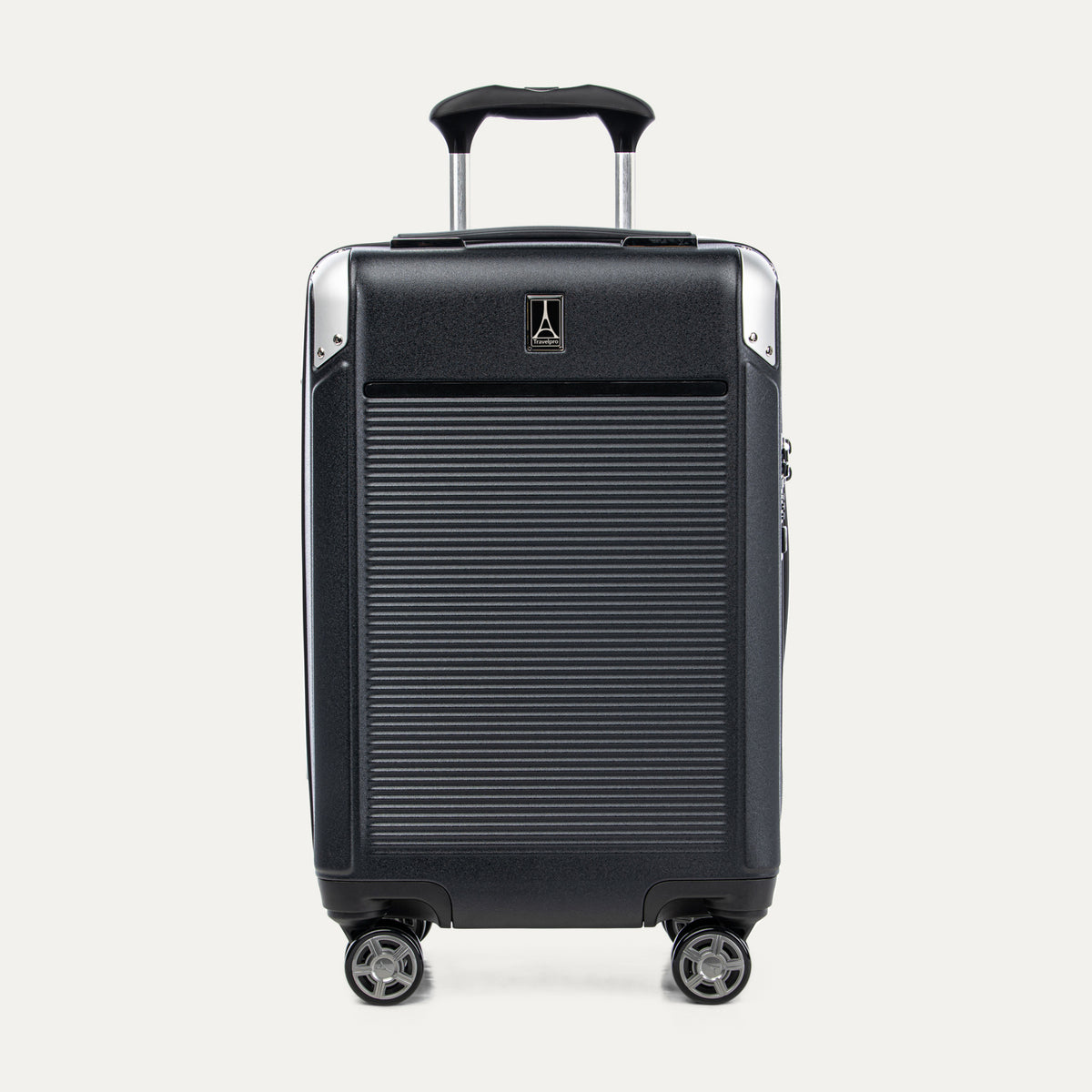 Front view of Travelpro Platinum Elite Carry-On Hardside Spinner in Shadow Black, featuring an ultra-strong aluminum shell and extension handle.
