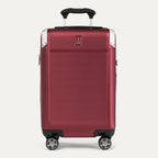 Front view of Travelpro Platinum® Elite Hardside Carry-On Expandable Spinner in Daring Red, featuring a textured polycarbonate shell and chrome corner guards.
