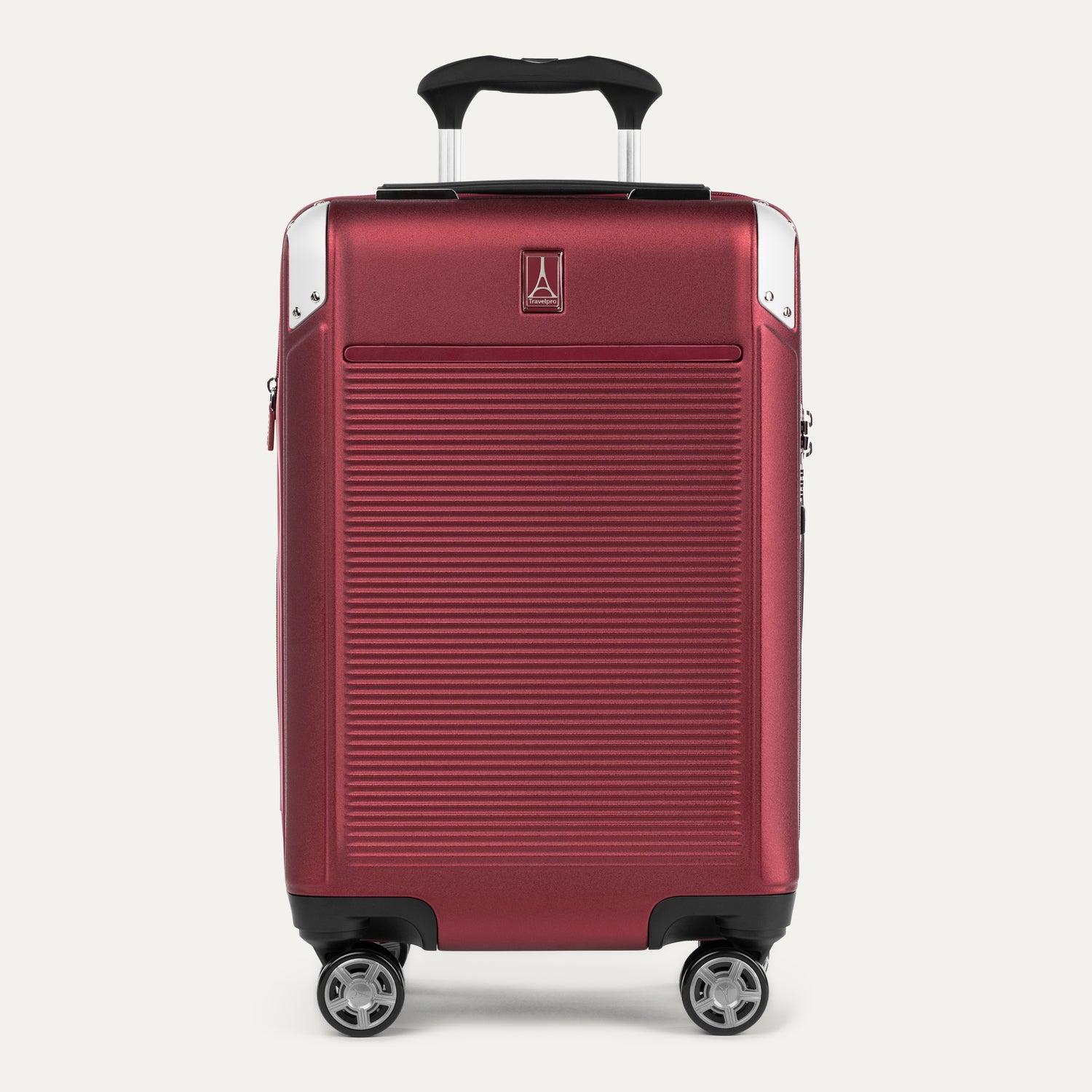 Front view of Travelpro Platinum® Elite Hardside Carry-On Expandable Spinner in Daring Red, featuring a textured polycarbonate shell and chrome corner guards.

