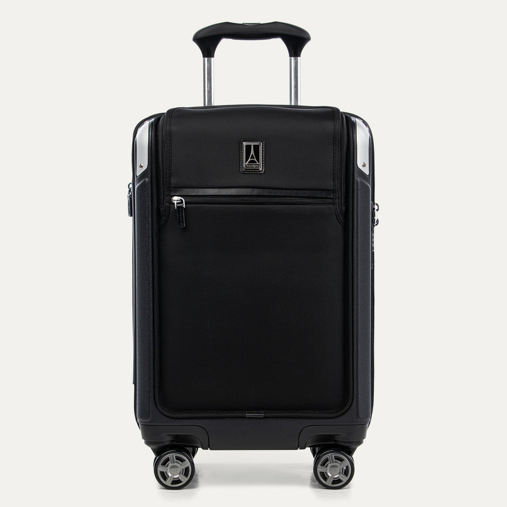 Front view of Travelpro Platinum Elite Compact Carry-On Business Plus Hardside Spinner in Black, featuring PowerScope Extension Handle.
