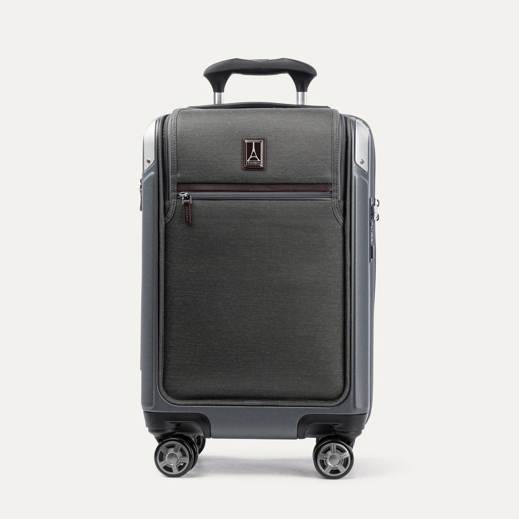 Front view of Travelpro Platinum Elite Compact Carry-On Business Plus Hardside Spinner in Vintage Grey, featuring PowerScope Extension Handle.
