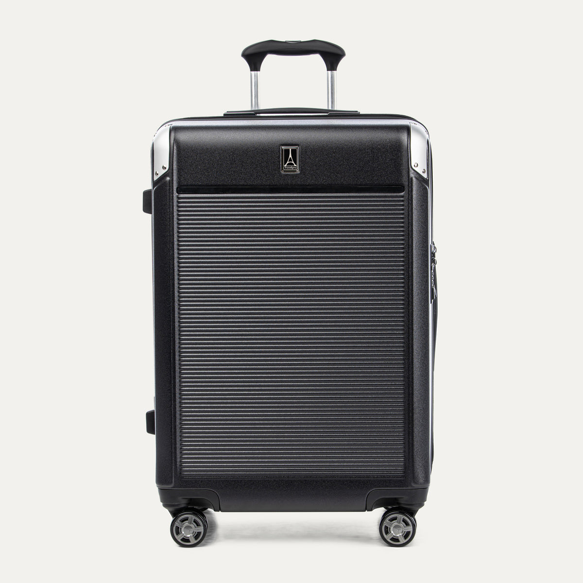 Front view of Travelpro Platinum® Elite Hardside Medium Check-In Expandable Spinner in Black, featuring textured polycarbonate shell with chrome corner guards.
