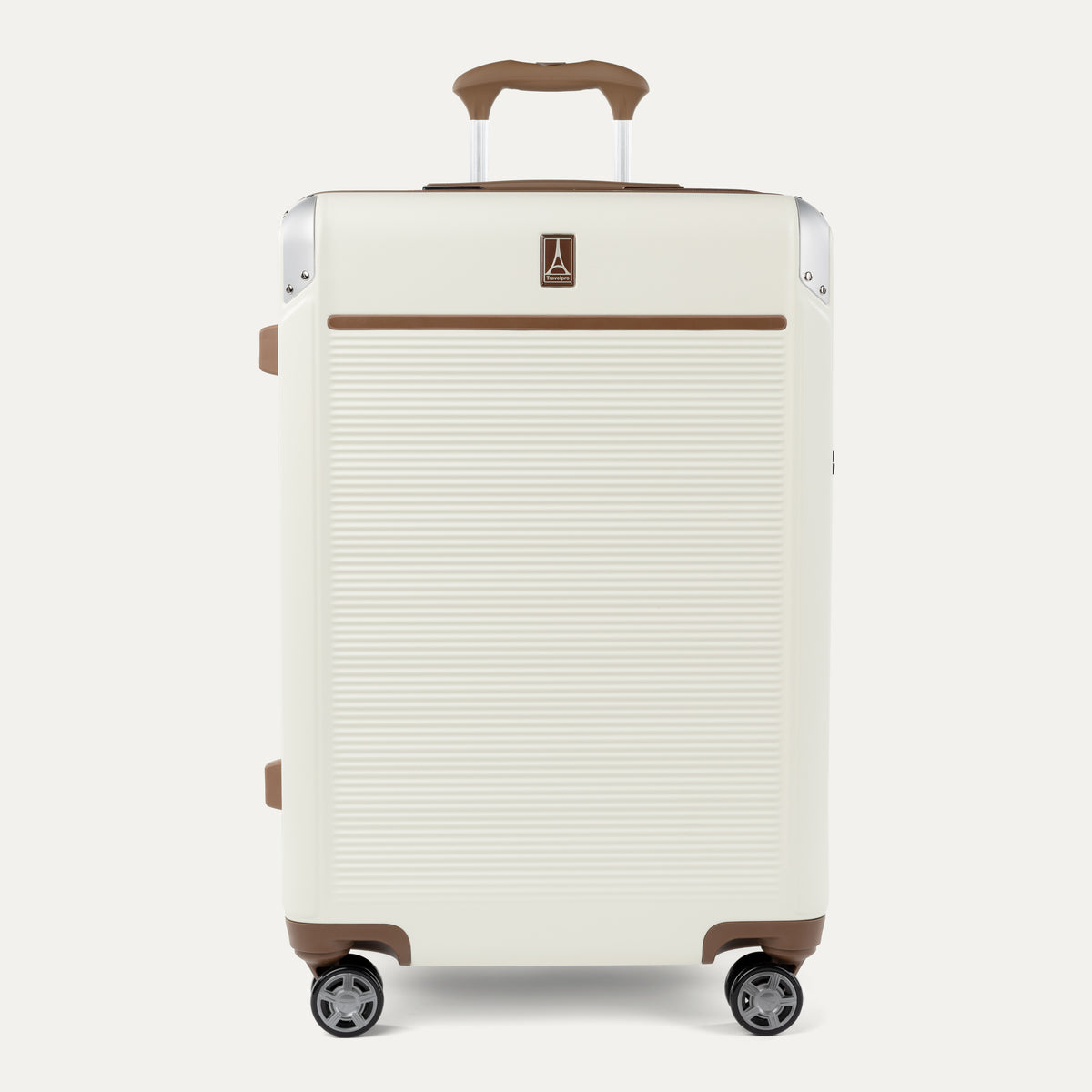 Front view of Travelpro Platinum® Elite Hardside Medium Check-In Expandable Spinner in Cream White, featuring grooved polycarbonate shell with chrome corner armor.
