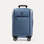 Front view of Travelpro Platinum Elite Compact Carry-On Business Plus Hardside Spinner in Dark Sky Blue, featuring a zippered front pocket and PowerScope Extension Handle.

