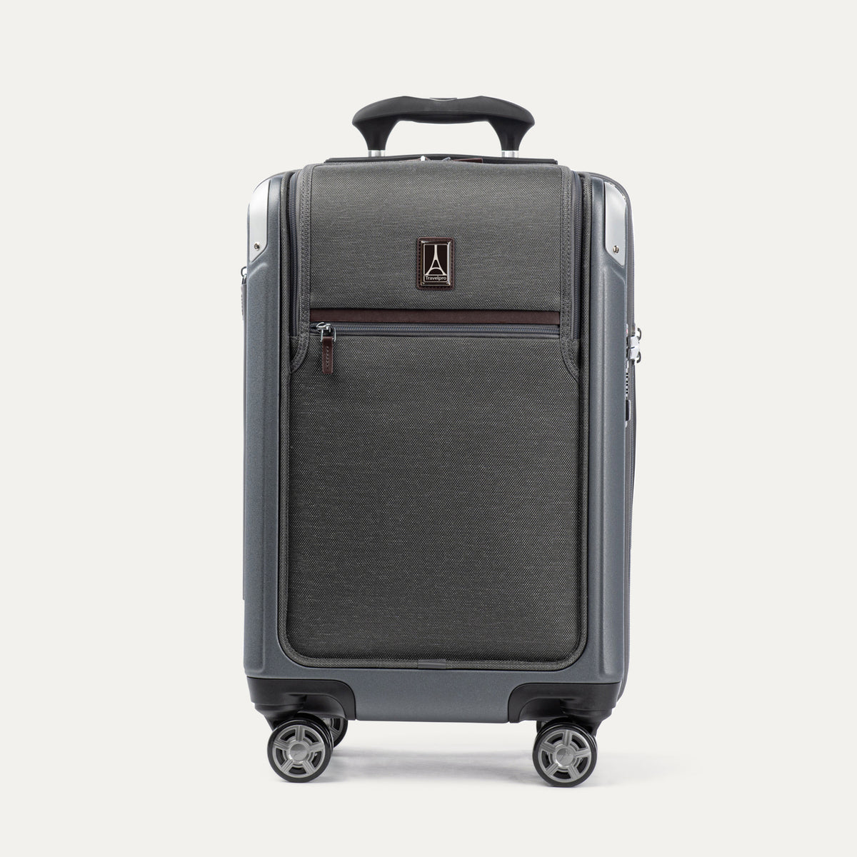 Front view of Travelpro Platinum Elite Compact Carry-On Business Plus Hardside Spinner in Vintage Grey, featuring a zippered front pocket and PowerScope Extension Handle.
