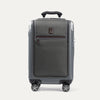 Front view of Travelpro Platinum Elite Compact Carry-On Business Plus Hardside Spinner in Vintage Grey, featuring a zippered front pocket and PowerScope Extension Handle.
