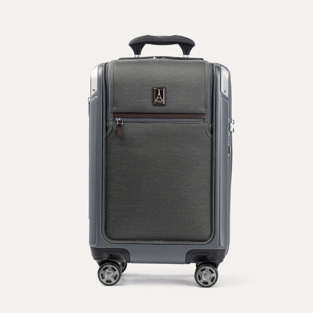 Front view of Travelpro Platinum Elite Compact Carry-On Business Plus Hardside Spinner in Vintage Grey, featuring a zippered front pocket and PowerScope Extension Handle.

