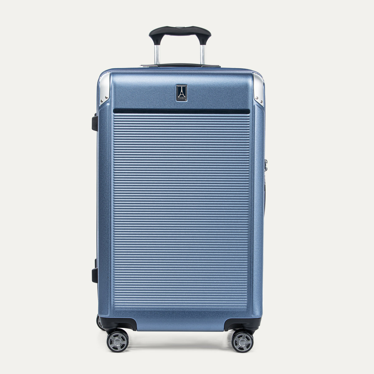 Front view of Travelpro Platinum Elite Large Check-In Expandable Hardside Spinner in Dark Sky Blue, featuring a textured polycarbonate shell and PowerScope Extension Handle.
