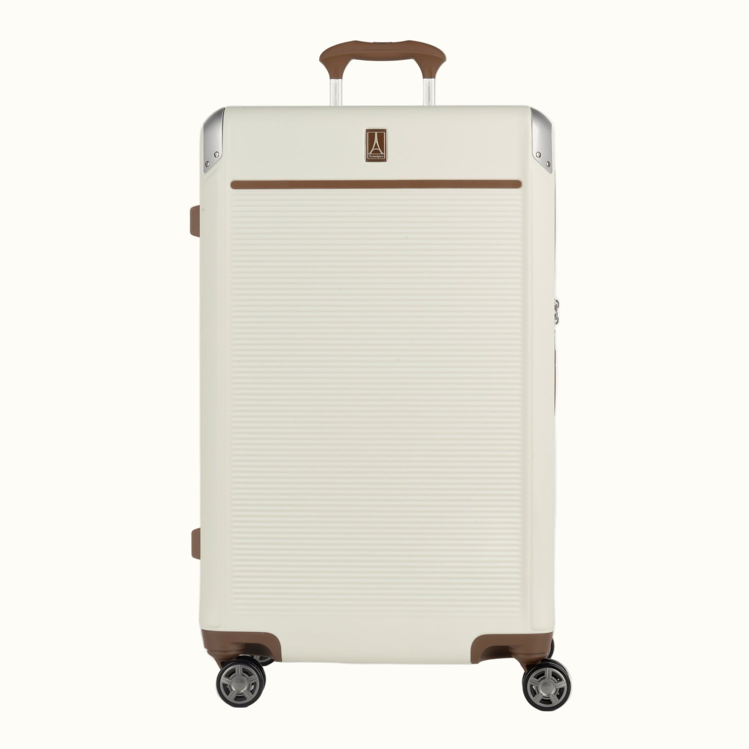 Front view of Travelpro Platinum® Elite Hardside Large Check-In Expandable Spinner in Jet Black, featuring grooved polycarbonate shell with chrome corner armor.
