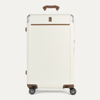 White suitcase with brown accents on a white background