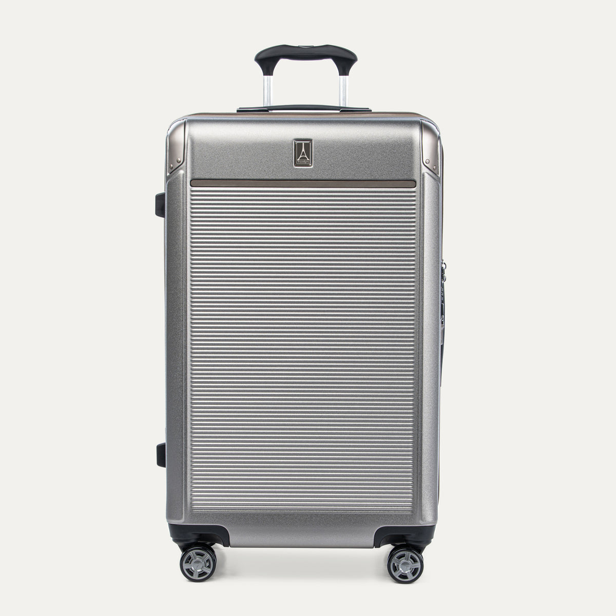 Front view of Travelpro Platinum Elite Large Check-In Expandable Hardside Spinner in Metallic Sand, featuring a textured polycarbonate shell and PowerScope Extension Handle.
