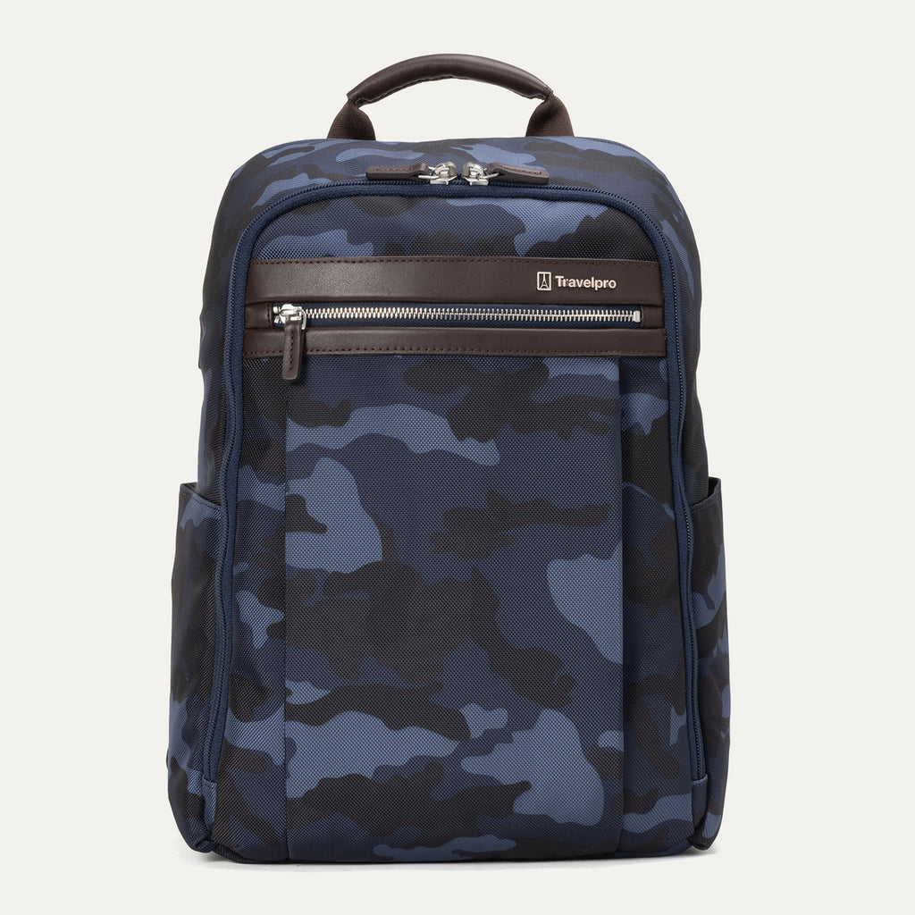 A Navy camouflage Travelpro Platinum Elite slim backpack with a leather top handle and YKK zippers.
