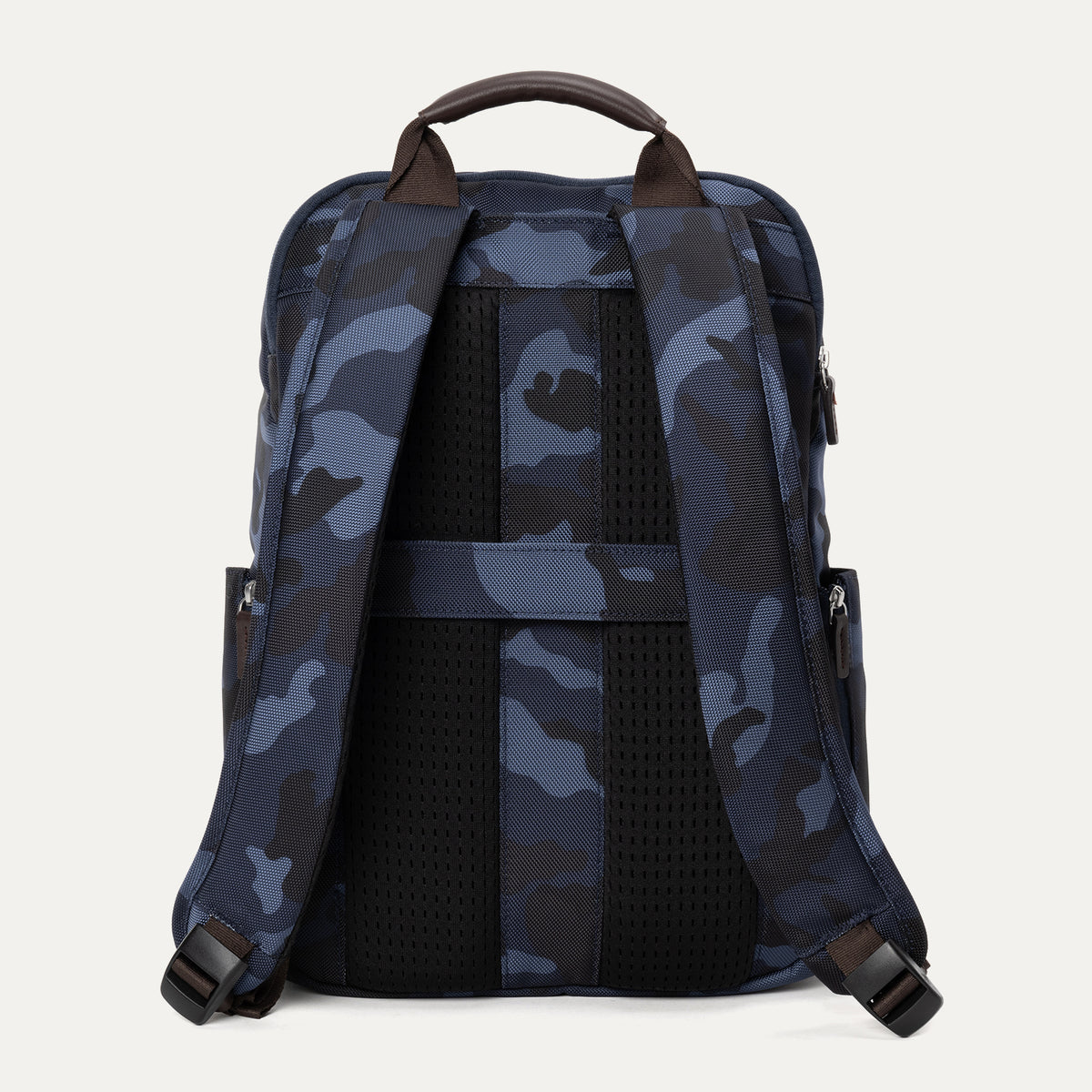 Rear view of Travelpro Platinum Elite Slim Backpack in Navy Camouflage with padded straps and rear stacking strap.
