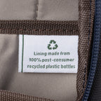 Close-up of interior label stating the lining is made from 100% post-consumer recycled plastic bottles.
