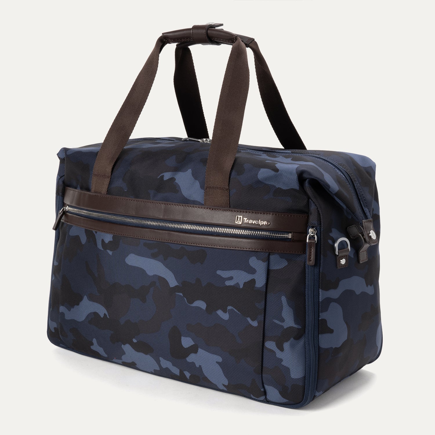 Platinum® Elite Soft Duffel in Camouflage, shown at an angle to highlight its structured shape, dual top handles, side attachment points, and front zippered pocket with leather trim.
