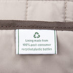 Close-up of label indicating lining made from 100% post-consumer recycled plastic bottles.
