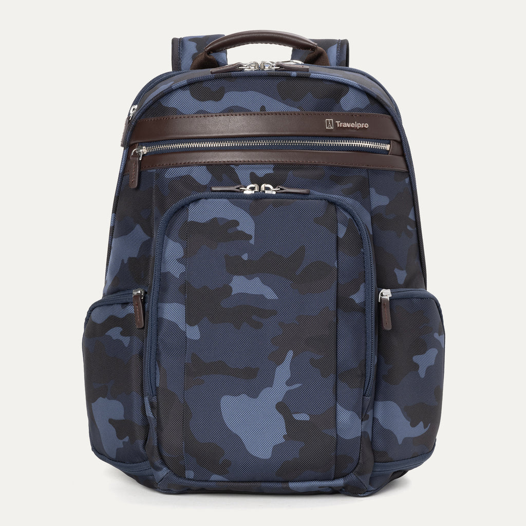 A blue camouflage pattern Travelpro Platinum Elite Business Backpack with leather accents, multiple compartments, and YKK zippers.