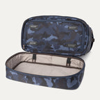 Bottom view of Travelpro Platinum Elite Drop-Bottom Weekender in Navy Camouflage with drop-bottom compartment fully unzipped.
