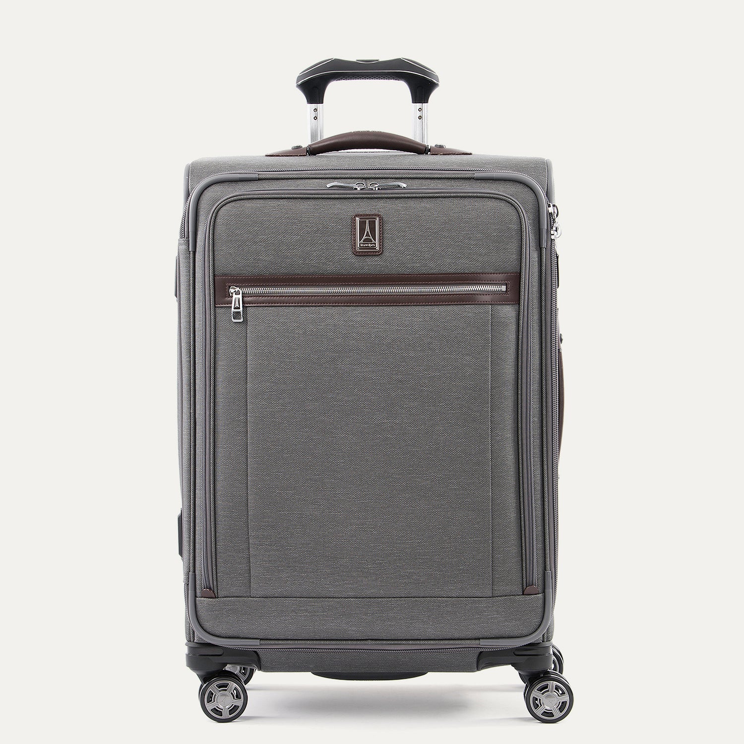 Front-facing Travelpro Platinum Elite Medium Expandable Spinner in Vintage Gray, with leather trim and spinner wheels.